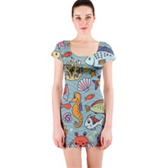 Cartoon Underwater Seamless Pattern With Crab Fish Seahorse Coral Marine Elements Short Sleeve Bodycon Dress by Grandong