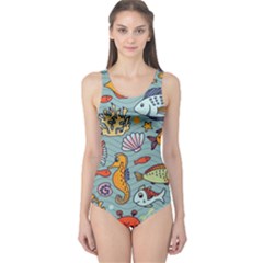 Cartoon Underwater Seamless Pattern With Crab Fish Seahorse Coral Marine Elements One Piece Swimsuit by Grandong