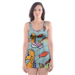 Cartoon Underwater Seamless Pattern With Crab Fish Seahorse Coral Marine Elements Skater Dress Swimsuit by Grandong