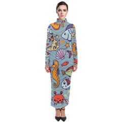 Cartoon Underwater Seamless Pattern With Crab Fish Seahorse Coral Marine Elements Turtleneck Maxi Dress by Grandong