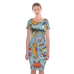 Cartoon Underwater Seamless Pattern With Crab Fish Seahorse Coral Marine Elements Classic Short Sleeve Midi Dress