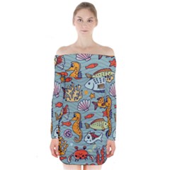 Cartoon Underwater Seamless Pattern With Crab Fish Seahorse Coral Marine Elements Long Sleeve Off Shoulder Dress by Grandong