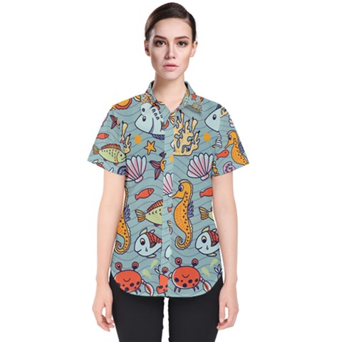 Cartoon Underwater Seamless Pattern With Crab Fish Seahorse Coral Marine Elements Women s Short Sleeve Shirt by Grandong