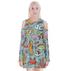 Cartoon Underwater Seamless Pattern With Crab Fish Seahorse Coral Marine Elements Velvet Long Sleeve Shoulder Cutout Dress by Grandong