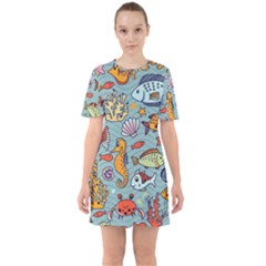 Cartoon Underwater Seamless Pattern With Crab Fish Seahorse Coral Marine Elements Sixties Short Sleeve Mini Dress by Grandong