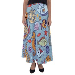 Cartoon Underwater Seamless Pattern With Crab Fish Seahorse Coral Marine Elements Flared Maxi Skirt by Grandong