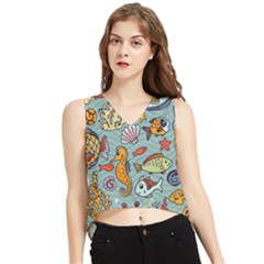 Cartoon Underwater Seamless Pattern With Crab Fish Seahorse Coral Marine Elements V-neck Cropped Tank Top by Grandong