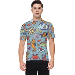 Cartoon Underwater Seamless Pattern With Crab Fish Seahorse Coral Marine Elements Men s Short Sleeve Rash Guard by Grandong