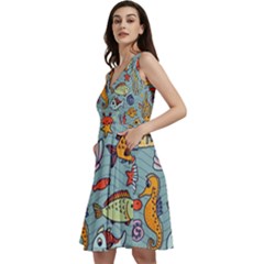 Cartoon Underwater Seamless Pattern With Crab Fish Seahorse Coral Marine Elements Sleeveless V-neck Skater Dress With Pockets