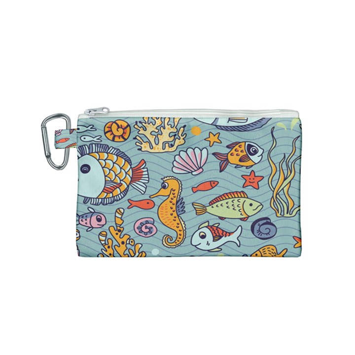 Cartoon Underwater Seamless Pattern With Crab Fish Seahorse Coral Marine Elements Canvas Cosmetic Bag (Small)