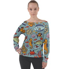 Cartoon Underwater Seamless Pattern With Crab Fish Seahorse Coral Marine Elements Off Shoulder Long Sleeve Velour Top by Grandong