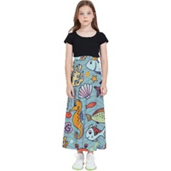 Cartoon Underwater Seamless Pattern With Crab Fish Seahorse Coral Marine Elements Kids  Flared Maxi Skirt by Grandong