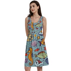 Cartoon Underwater Seamless Pattern With Crab Fish Seahorse Coral Marine Elements Classic Skater Dress