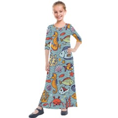 Cartoon Underwater Seamless Pattern With Crab Fish Seahorse Coral Marine Elements Kids  Quarter Sleeve Maxi Dress by Grandong