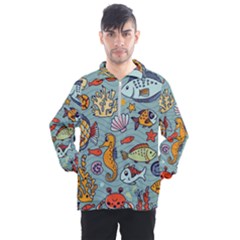 Cartoon Underwater Seamless Pattern With Crab Fish Seahorse Coral Marine Elements Men s Half Zip Pullover by Grandong