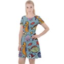 Cartoon Underwater Seamless Pattern With Crab Fish Seahorse Coral Marine Elements Cap Sleeve Velour Dress  View1