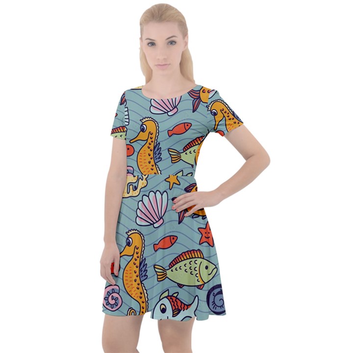 Cartoon Underwater Seamless Pattern With Crab Fish Seahorse Coral Marine Elements Cap Sleeve Velour Dress 