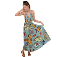 Cartoon Underwater Seamless Pattern With Crab Fish Seahorse Coral Marine Elements Backless Maxi Beach Dress by Grandong