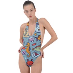 Cartoon Underwater Seamless Pattern With Crab Fish Seahorse Coral Marine Elements Backless Halter One Piece Swimsuit by Grandong