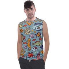 Cartoon Underwater Seamless Pattern With Crab Fish Seahorse Coral Marine Elements Men s Regular Tank Top by Grandong