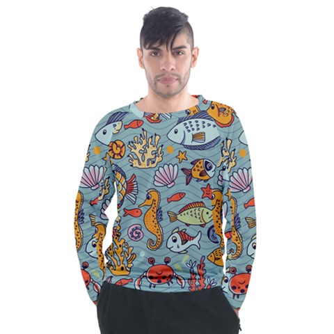 Cartoon Underwater Seamless Pattern With Crab Fish Seahorse Coral Marine Elements Men s Long Sleeve Raglan Tee by Grandong