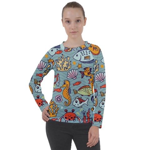 Cartoon Underwater Seamless Pattern With Crab Fish Seahorse Coral Marine Elements Women s Long Sleeve Raglan Tee by Grandong