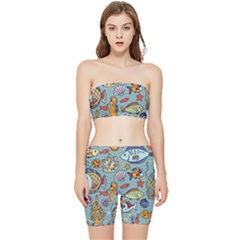 Cartoon Underwater Seamless Pattern With Crab Fish Seahorse Coral Marine Elements Stretch Shorts And Tube Top Set by Grandong