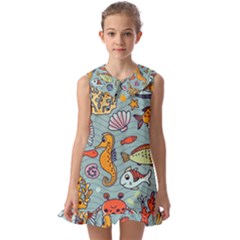 Cartoon Underwater Seamless Pattern With Crab Fish Seahorse Coral Marine Elements Kids  Pilgrim Collar Ruffle Hem Dress by Grandong