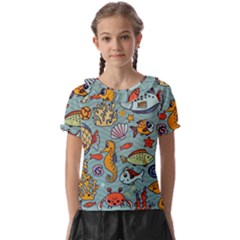 Cartoon Underwater Seamless Pattern With Crab Fish Seahorse Coral Marine Elements Kids  Frill Chiffon Blouse by Grandong