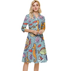 Cartoon Underwater Seamless Pattern With Crab Fish Seahorse Coral Marine Elements Classy Knee Length Dress by Grandong