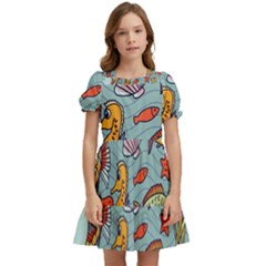 Cartoon Underwater Seamless Pattern With Crab Fish Seahorse Coral Marine Elements Kids  Puff Sleeved Dress by Grandong