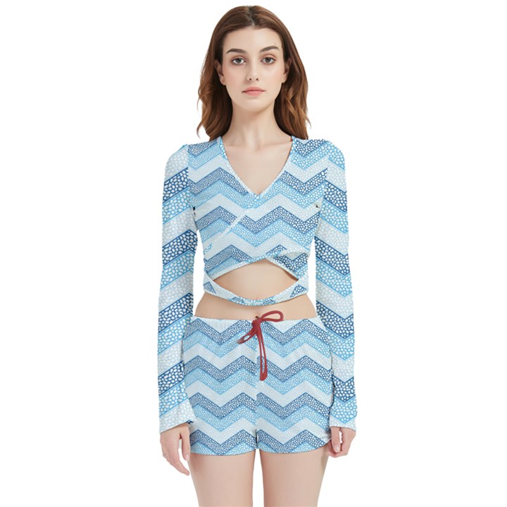 Seamless Pattern Of Cute Summer Blue Line Zigzag Velvet Wrap Crop Top and Shorts Set