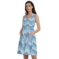 Seamless Pattern Of Cute Summer Blue Line Zigzag Sleeveless Dress With Pocket by Grandong