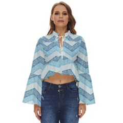 Seamless Pattern Of Cute Summer Blue Line Zigzag Boho Long Bell Sleeve Top by Grandong