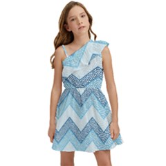 Seamless Pattern Of Cute Summer Blue Line Zigzag Kids  One Shoulder Party Dress by Grandong