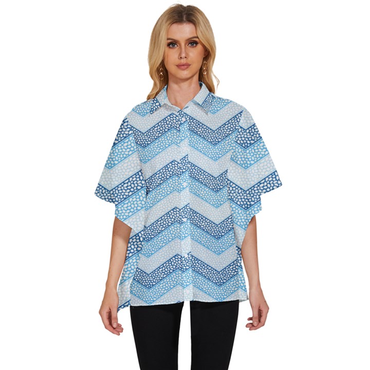 Seamless Pattern Of Cute Summer Blue Line Zigzag Women s Batwing Button Up Shirt