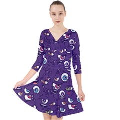 Eye Artwork Decor Eyes Pattern Purple Form Backgrounds Illustration Quarter Sleeve Front Wrap Dress by Grandong