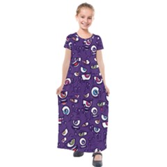 Eye Artwork Decor Eyes Pattern Purple Form Backgrounds Illustration Kids  Short Sleeve Maxi Dress by Grandong