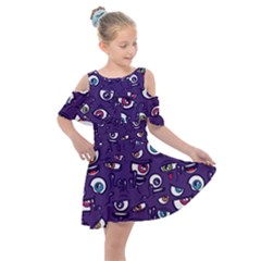 Eye Artwork Decor Eyes Pattern Purple Form Backgrounds Illustration Kids  Shoulder Cutout Chiffon Dress by Grandong