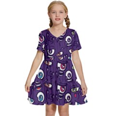 Eye Artwork Decor Eyes Pattern Purple Form Backgrounds Illustration Kids  Short Sleeve Tiered Mini Dress by Grandong