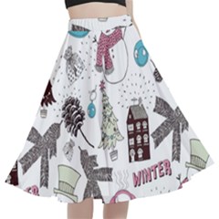 Christmas Themed Collage Winter House New Year A-line Full Circle Midi Skirt With Pocket by Grandong