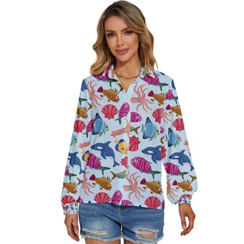 Sea Creature Themed Artwork Underwater Background Pictures Women s Long Sleeve Button Up Shirt by Grandong