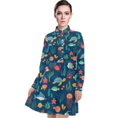 Variety Of Fish Illustration Turtle Jellyfish Art Texture Long Sleeve Chiffon Shirt Dress by Grandong