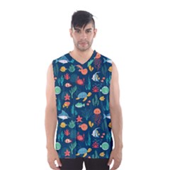 Variety Of Fish Illustration Turtle Jellyfish Art Texture Men s Basketball Tank Top by Grandong