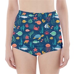 Variety Of Fish Illustration Turtle Jellyfish Art Texture High-waisted Bikini Bottoms by Grandong