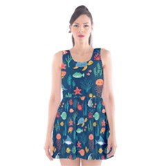 Variety Of Fish Illustration Turtle Jellyfish Art Texture Scoop Neck Skater Dress by Grandong