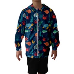 Variety Of Fish Illustration Turtle Jellyfish Art Texture Kids  Hooded Windbreaker by Grandong