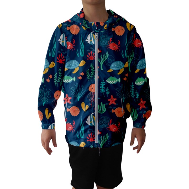 Variety Of Fish Illustration Turtle Jellyfish Art Texture Kids  Hooded Windbreaker