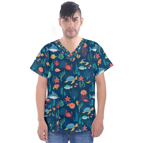 Variety Of Fish Illustration Turtle Jellyfish Art Texture Men s V-neck Scrub Top by Grandong