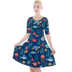 Variety Of Fish Illustration Turtle Jellyfish Art Texture Quarter Sleeve A-line Dress by Grandong